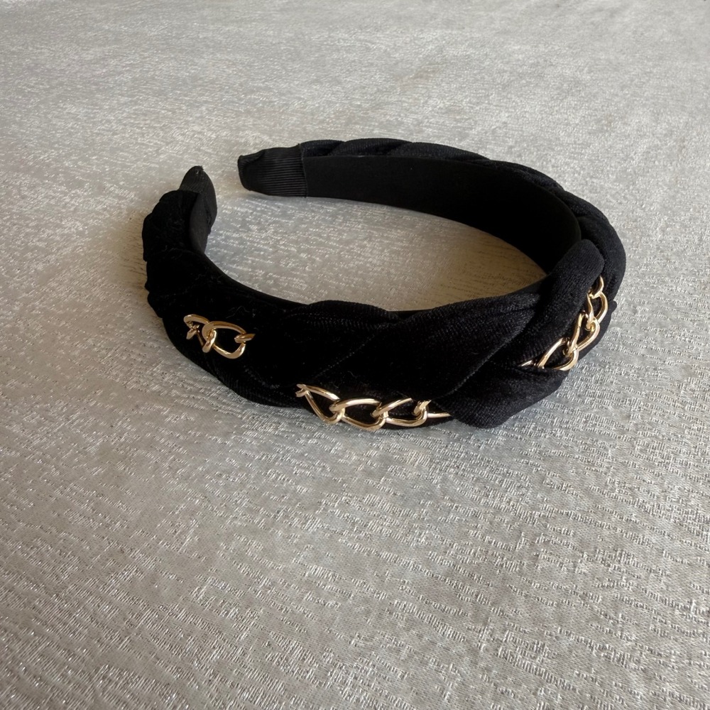 Black Braided Velvet Headband Gold Chain Link Padded Hair Accessory Wide Twisted